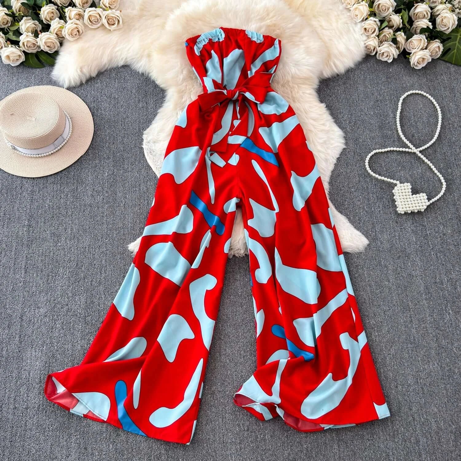 Seaside Holiday Floral Print Tube Top Sexy Open Back Chiffon Jumpsuit Fashion Loose Temperament Loose Pants Jumpsuit