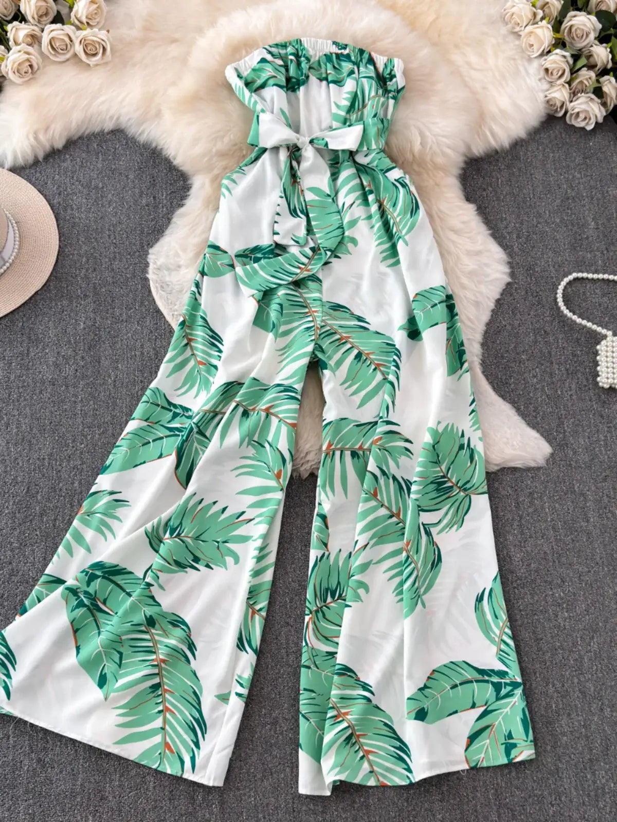 Seaside Holiday Floral Print Tube Top Sexy Open Back Chiffon Jumpsuit Fashion Loose Temperament Loose Pants Jumpsuit