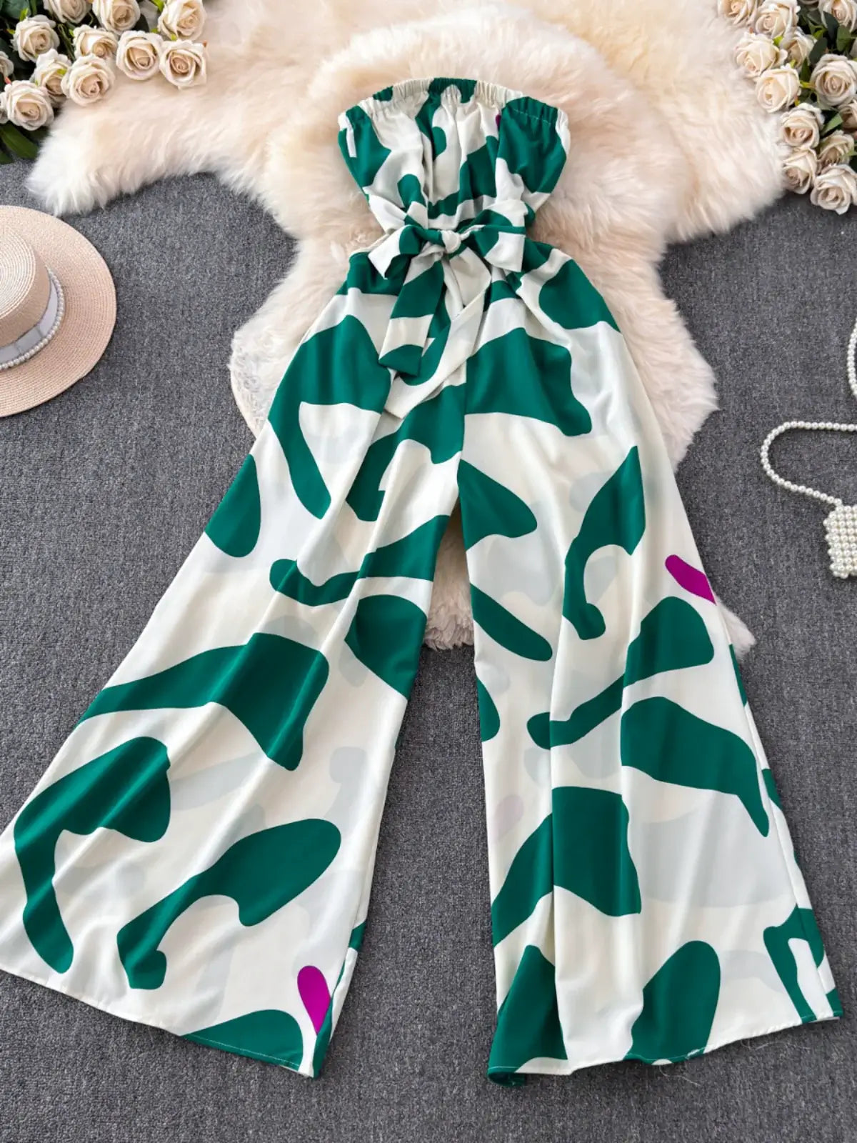 Seaside Holiday Floral Print Tube Top Sexy Open Back Chiffon Jumpsuit Fashion Loose Temperament Loose Pants Jumpsuit