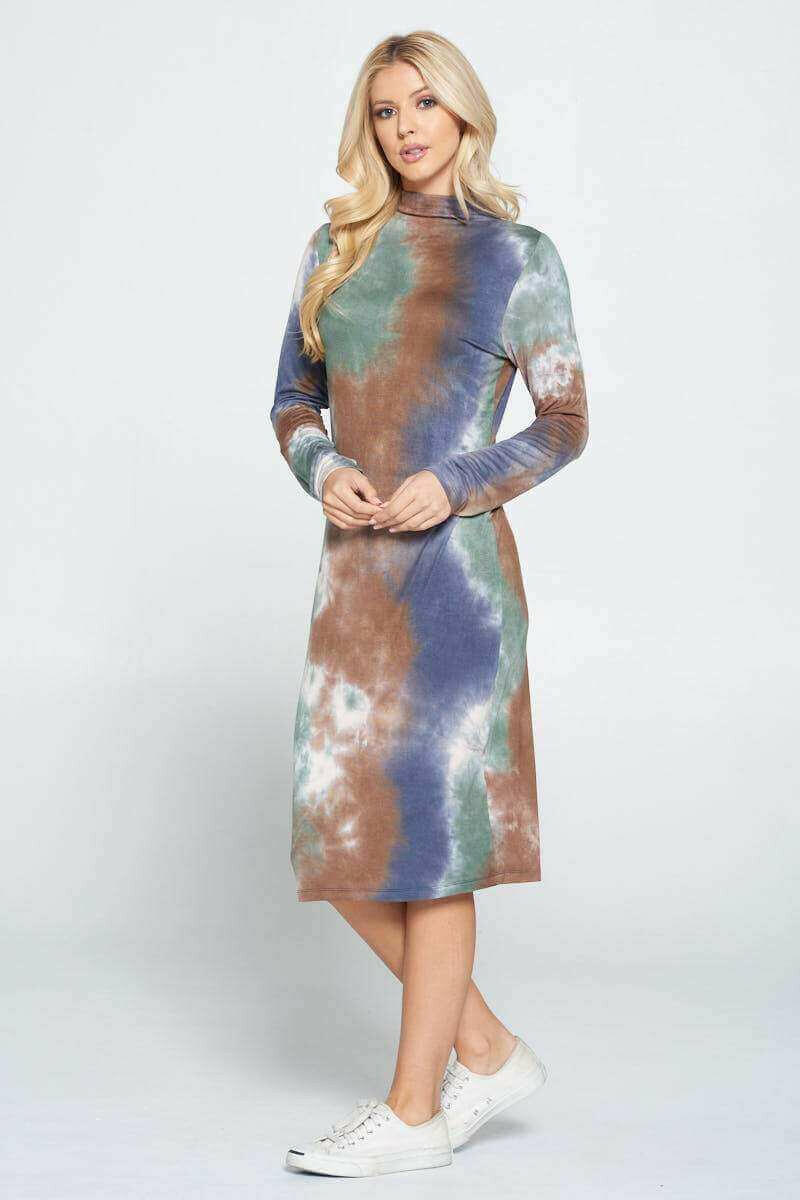 Tie Dye Cowl and Mock Neck Midi Dress