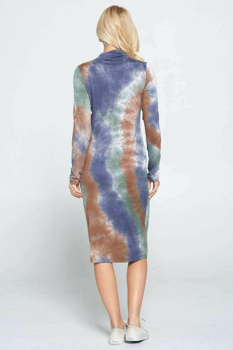 Tie Dye Cowl and Mock Neck Midi Dress