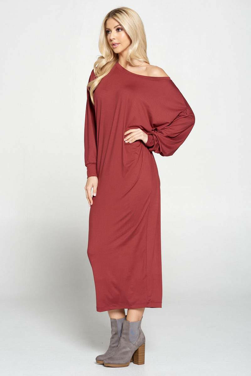Solid Long Sleeve Maxi Dress with Cuffed Sleeve