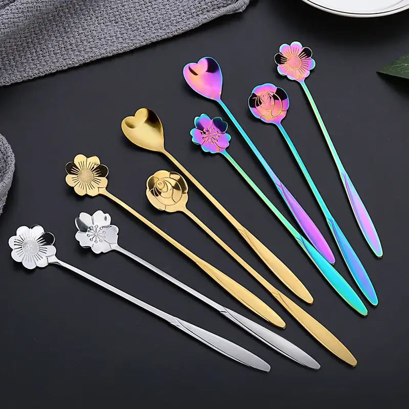 4 pcs Set Stainless Steel Small Flower Spoons Teaspoons Coffee Spoons Ice Cream Dessert Spoons Household Kitchen Utensils