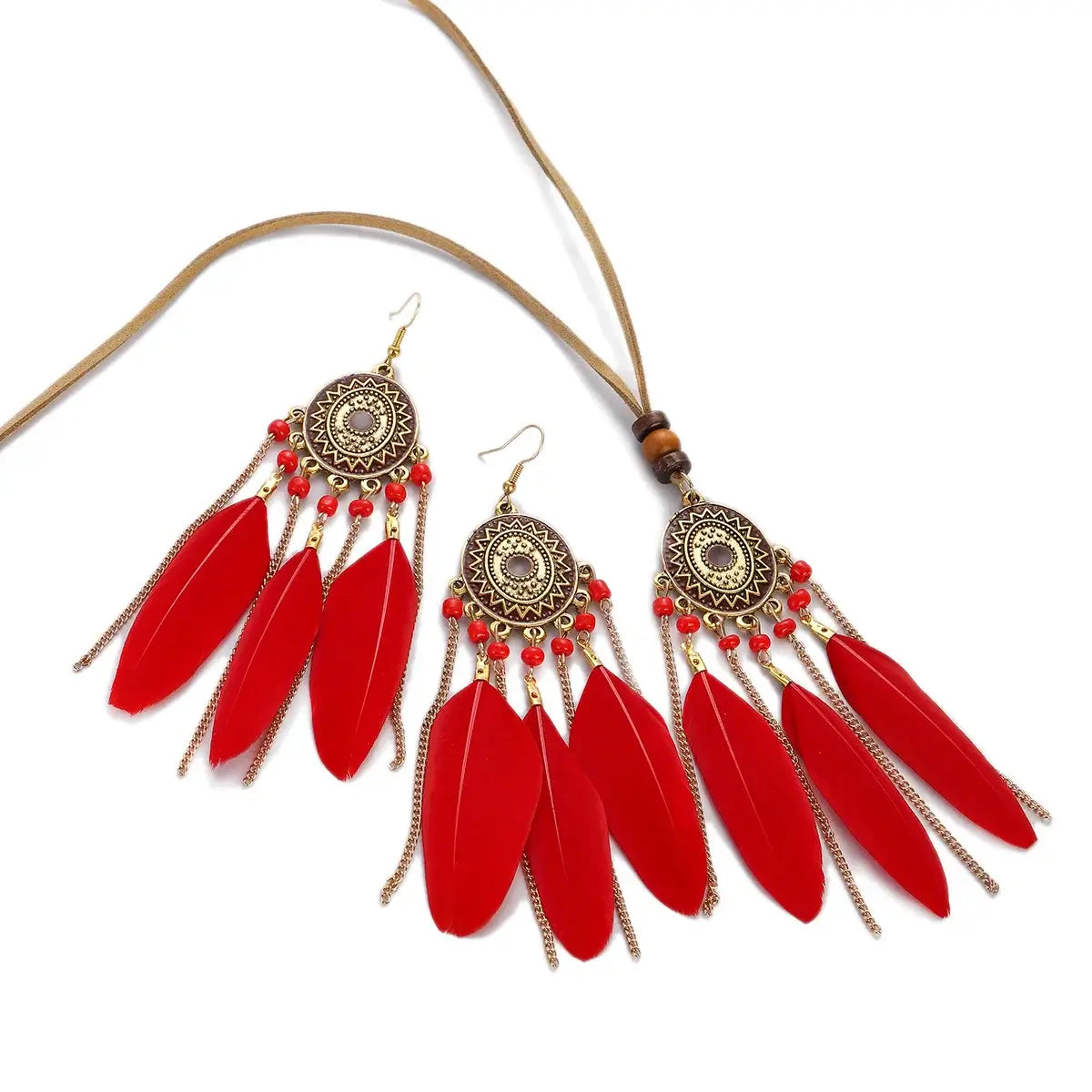 2pcs Feather Necklace Earring Set Women&