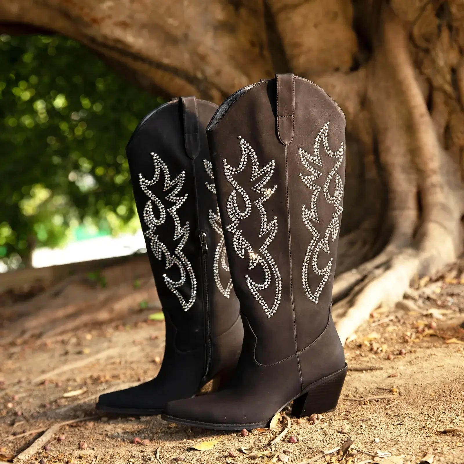 Rhinestone Cowboy Boots for Women - Black Wide Calf Knee High Cowgirl Boots with Side Zipper and Sparkly Glitter Embroidery, Alm