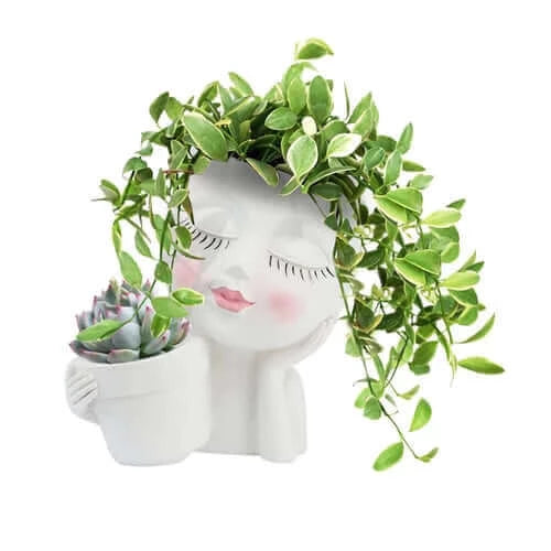 Girls Face Head Flower Planter Closed Eyes Figure Sculpture Resin