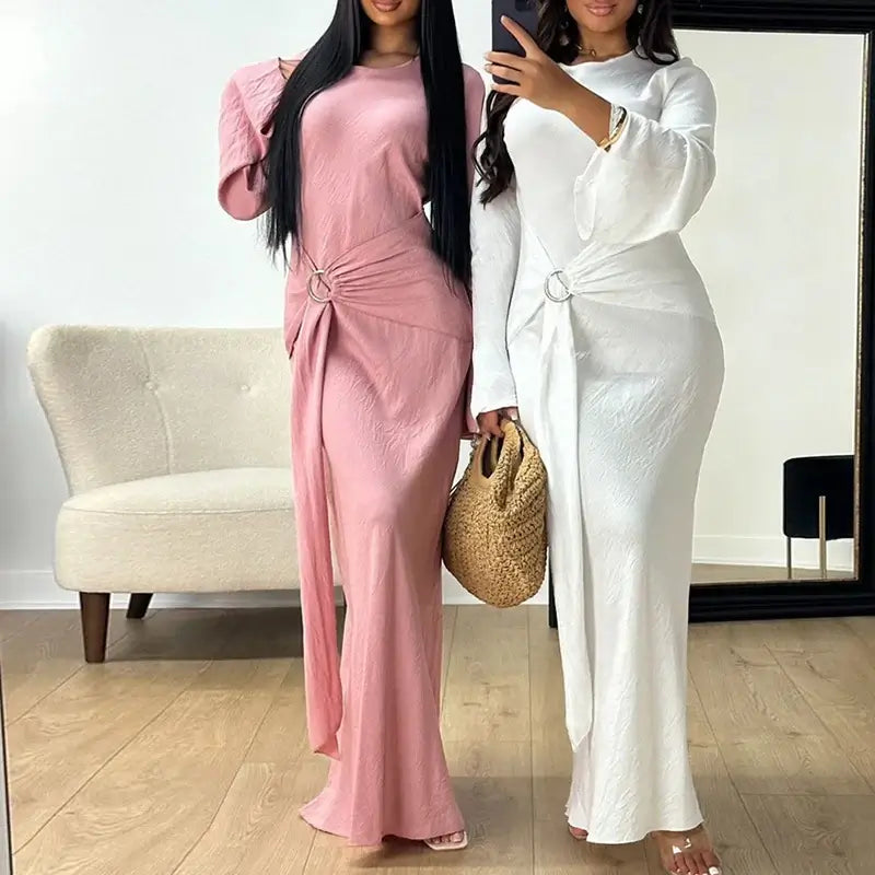 Elegant Women O Neck Lace Up Slim Robe Dress