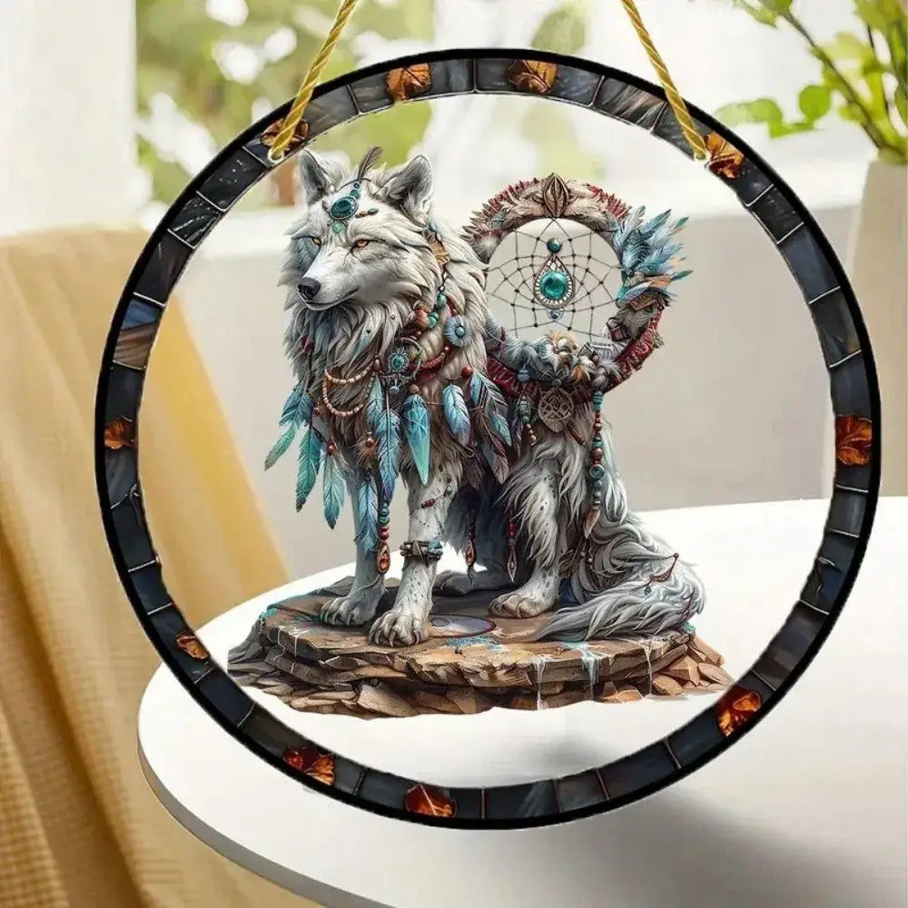 Wolf and Dream Catcher Acrylic Sunlight Catcher, Suitable for Home Porch, Courtyard and Garden Decoration, A Gift for Loved Ones