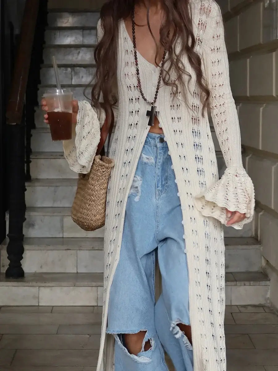 Ladies Long Sleeve Knit Cardigan with Button Closure and Hollowed Design Solid Color Fall Jacket for Everyday Wear on the