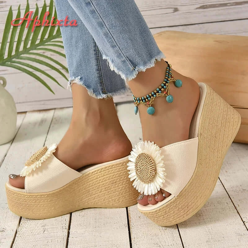 Aphixta Beige Summer 9cm Wedge Heels Slippers Women Bohemian Sunflower
