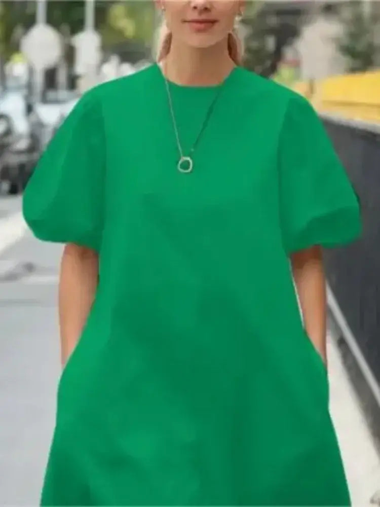 Women Summer Casual Dress 2025 New Trendy Round-neck Green Black Simple Short Sleeves A-line Mini Dresses for Woman