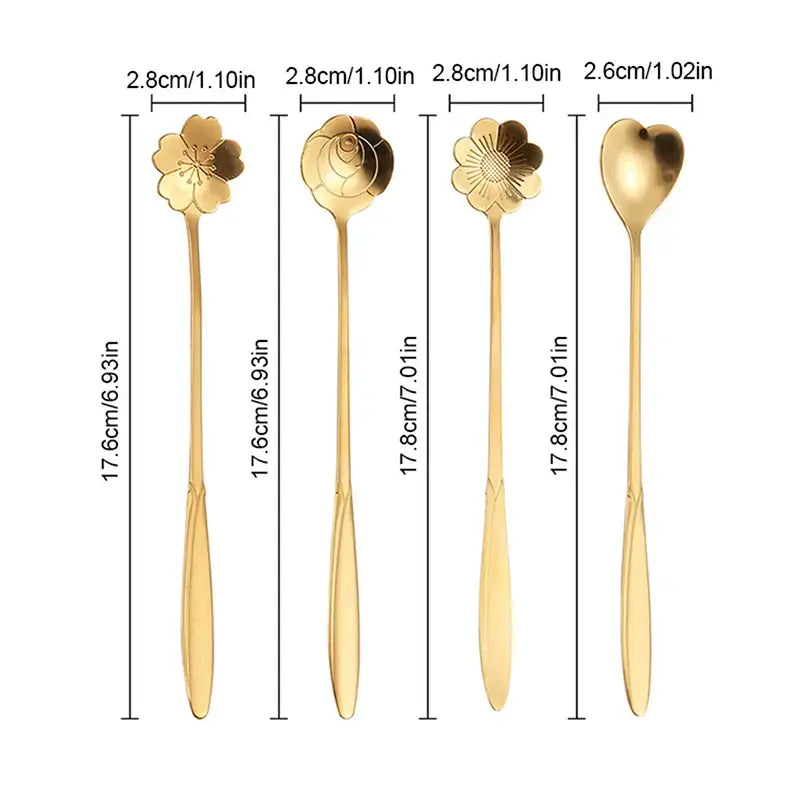 4 pcs Set Stainless Steel Small Flower Spoons Teaspoons Coffee Spoons Ice Cream Dessert Spoons Household Kitchen Utensils