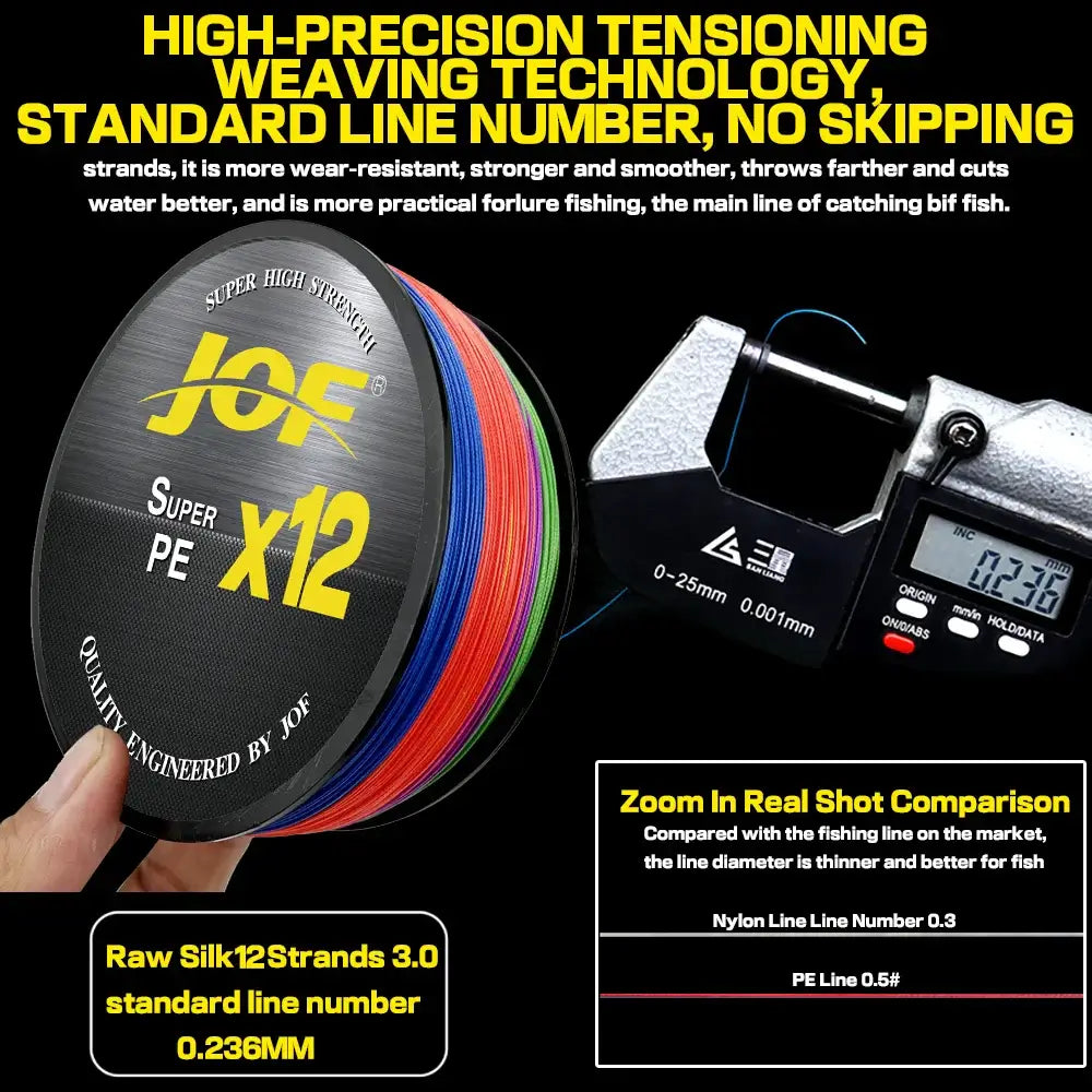 JOF X12 Upgraded Braided Fishing Lines Super Strong 12-strand Multifilament PE Line 100M 300M 500M 25LB 30LB 39LB 50LB 65LB 92LB