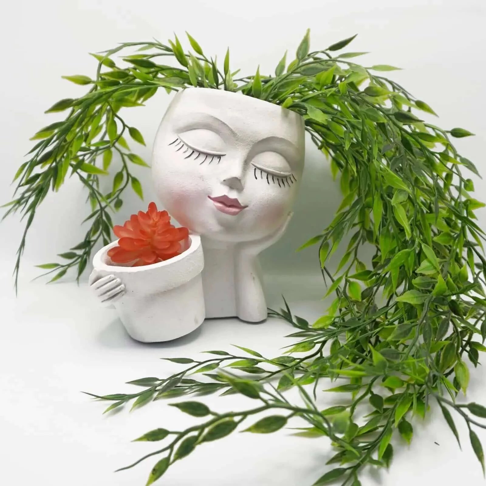 Girls Face Head Flower Planter Closed Eyes Figure Sculpture Resin