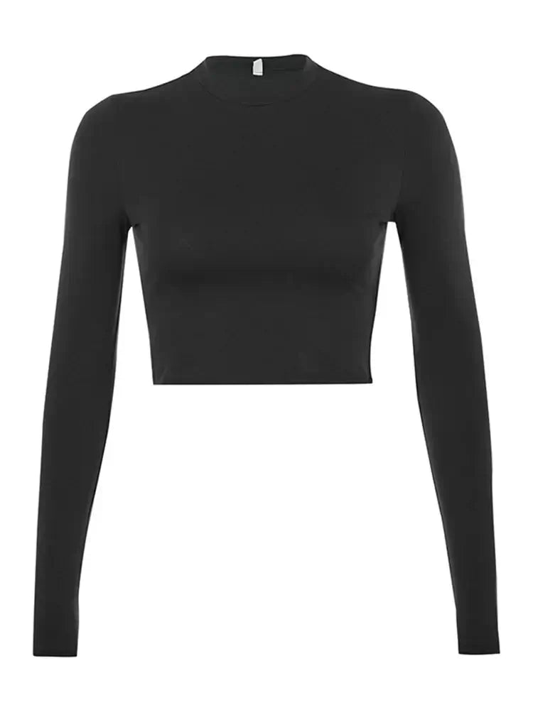 Solid Basic Long Sleeve Womens Crop Top - Fashion Tee