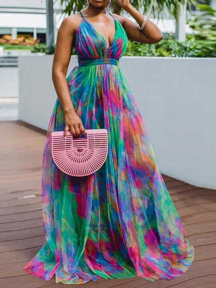 Plus Size Women Clothing 2xl 3xl 4xl 5xl Summer Sexy Evening Dresses Elegant and Beautiful Halterneck Long Dresses Mesh Hem