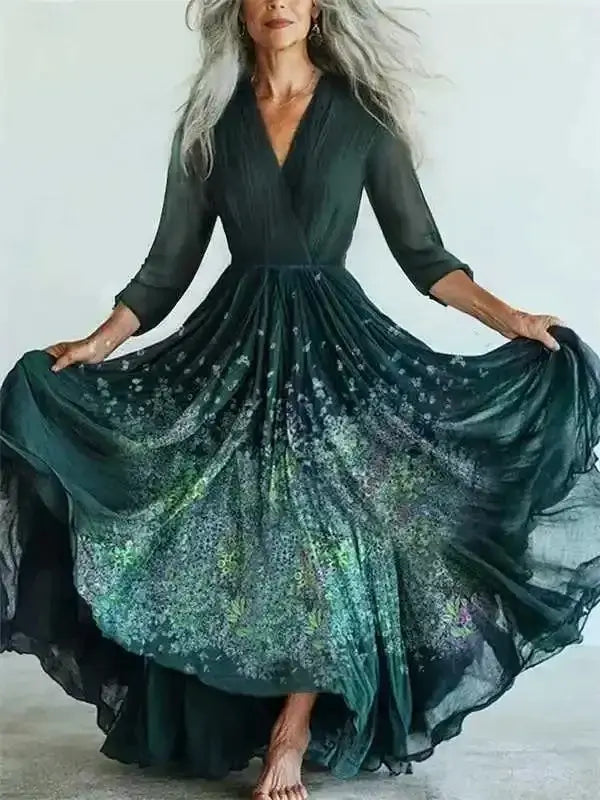 New Bohemian Style Long Sleeve Mesh Dress Vacation Vibes Full Skirt Chiffon Dress V-neck Ankle-length Regular Waistline