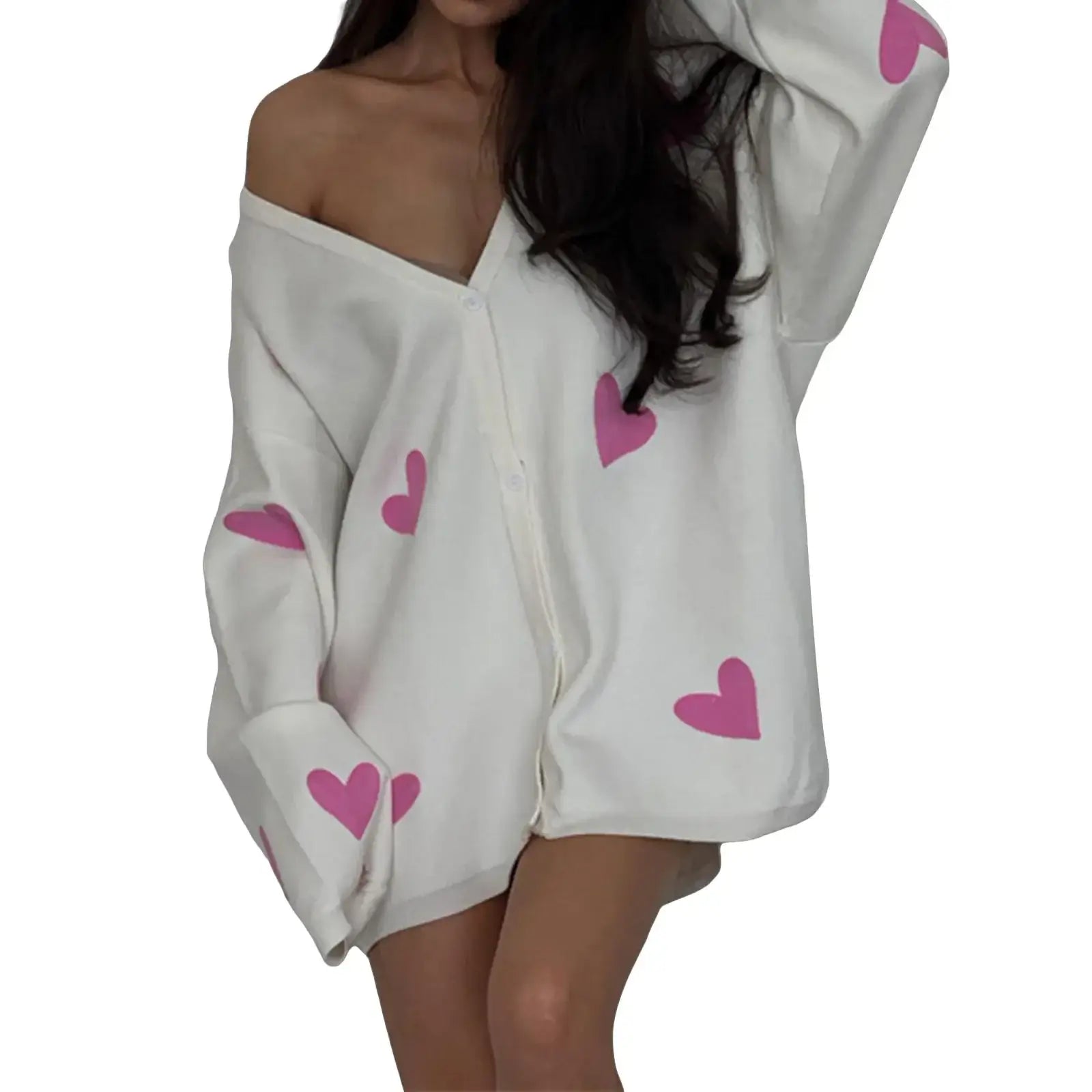 Women s Autumn Loose Knit Cardigan Heart Embroidery Long Sleeve V-Neck Sweater Button Down Jacket