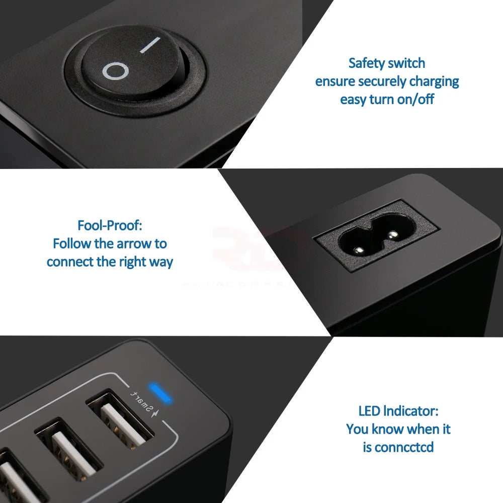 ILEPO 60W 10-Port USB Charging Station – Multi-Device Desktop Charger | iPhone, iPad, Samsung, Xiaomi | US/EU/UK/AU/KR Plug
