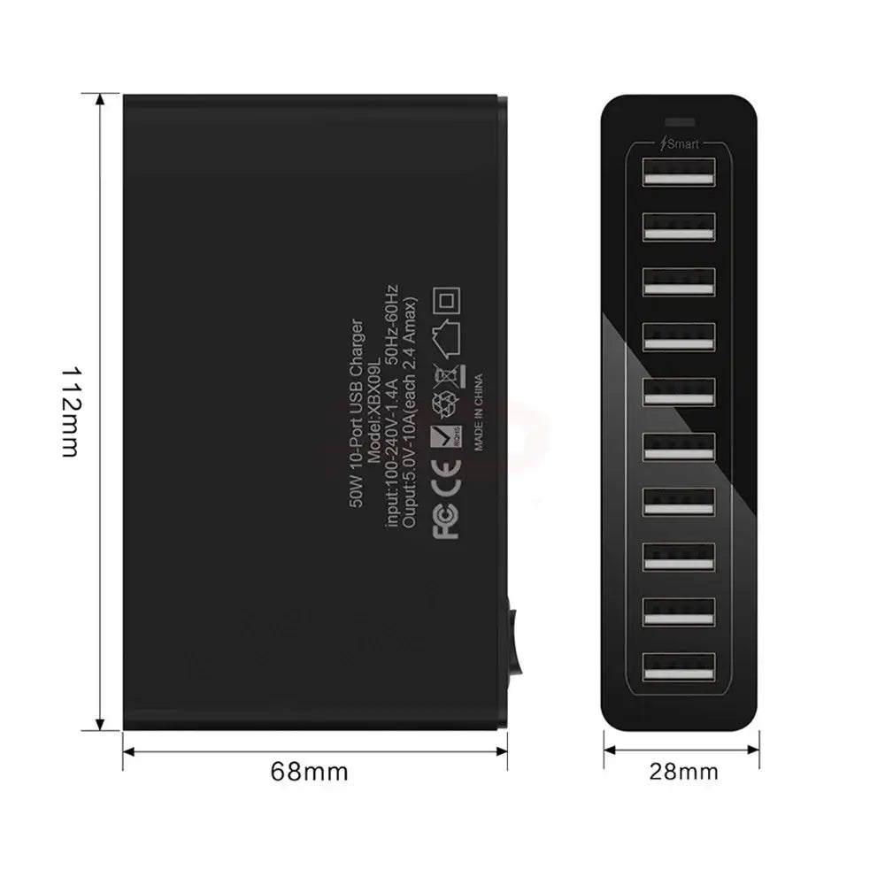 ILEPO 60W 10-Port USB Charging Station – Multi-Device Desktop Charger | iPhone, iPad, Samsung, Xiaomi | US/EU/UK/AU/KR Plug