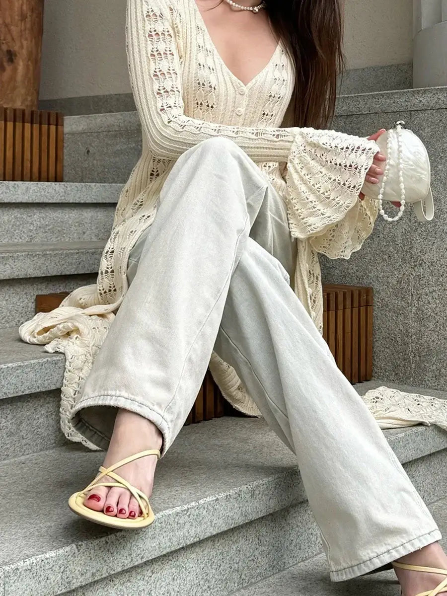 Ladies Long Sleeve Knit Cardigan with Button Closure and Hollowed Design Solid Color Fall Jacket for Everyday Wear on the