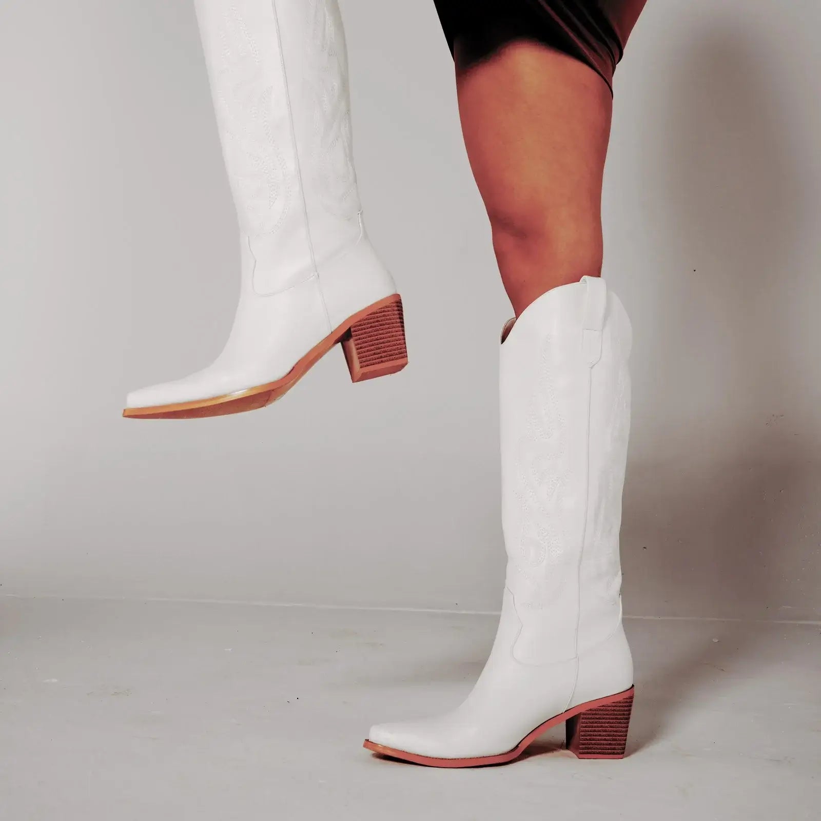 Cowboy Boots for Women - Black Knee High Cowgirl Boots with Classic Embroidered, Slip On Pointed Toe Fashion Retro White