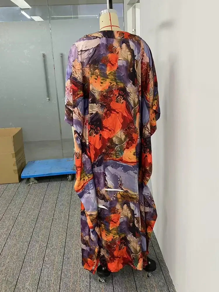 fashion women Bohemia Long Dresses Vacation Printed Maxi Dress Elegant Vintage Gauze Asymmterical Batwing Sleeves party dress