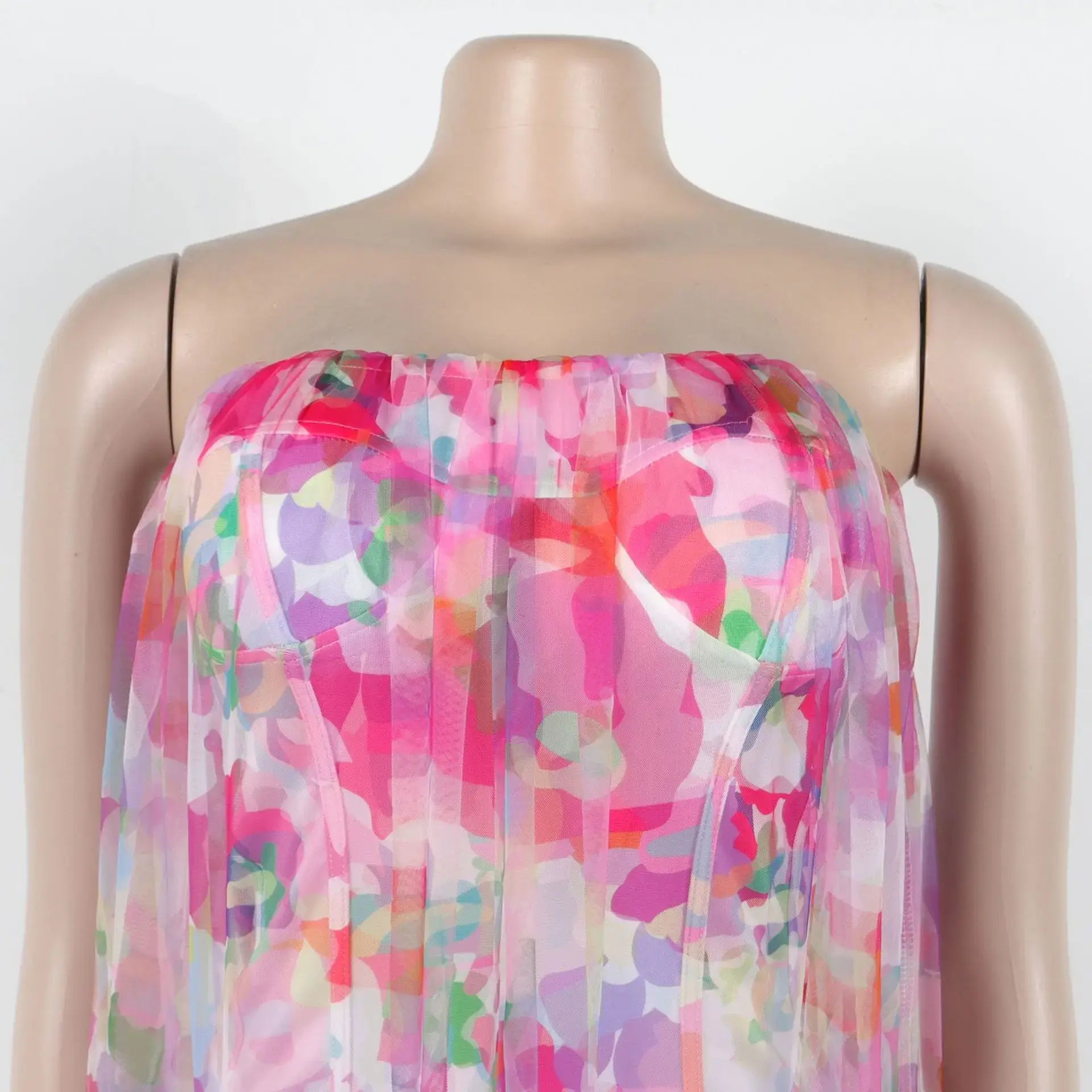 CM.YAYA Women Sleeveless Tie Dye Print Strapless Mesh Bodycon Midi Long Maxi Dress 2025 Birthday Club Party Vestido Sexy Dresses