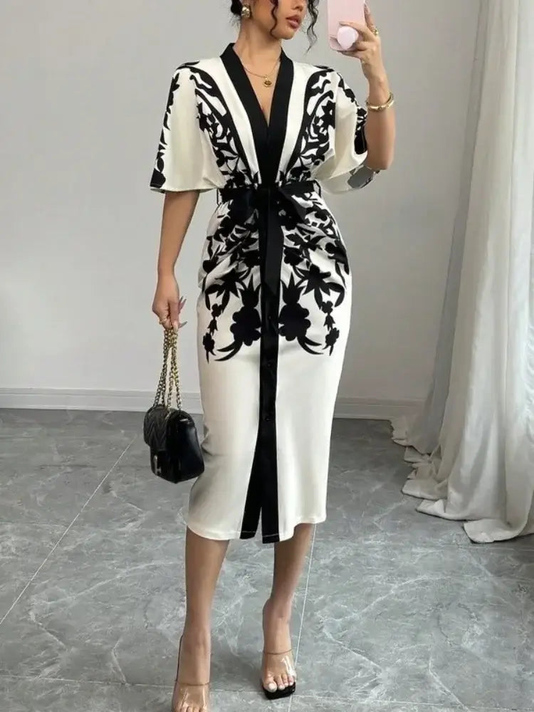 Office Ladies Office A-line Dress 2025 New Summer Half Sleeves Flower Print Printed Tied Waist V-Neck Women&