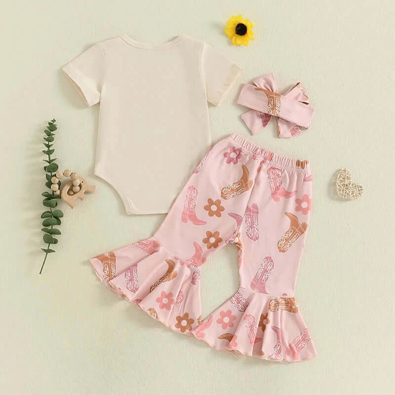 Adorable Infant Cowgirl Ensemble Ruffled Romper Cowboy Boots and Matching Bandana Headband - 3 Piece Set