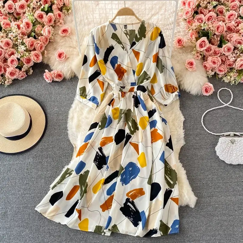 Elegant Floral V-neck Midi Dress for Women