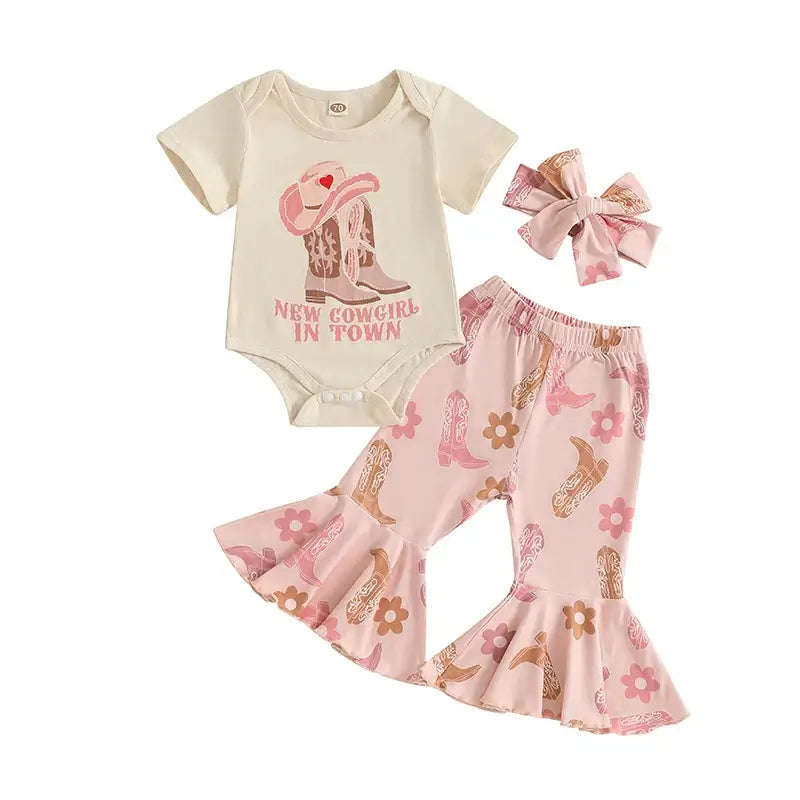 Adorable Infant Cowgirl Ensemble Ruffled Romper Cowboy Boots and Matching Bandana Headband - 3 Piece Set