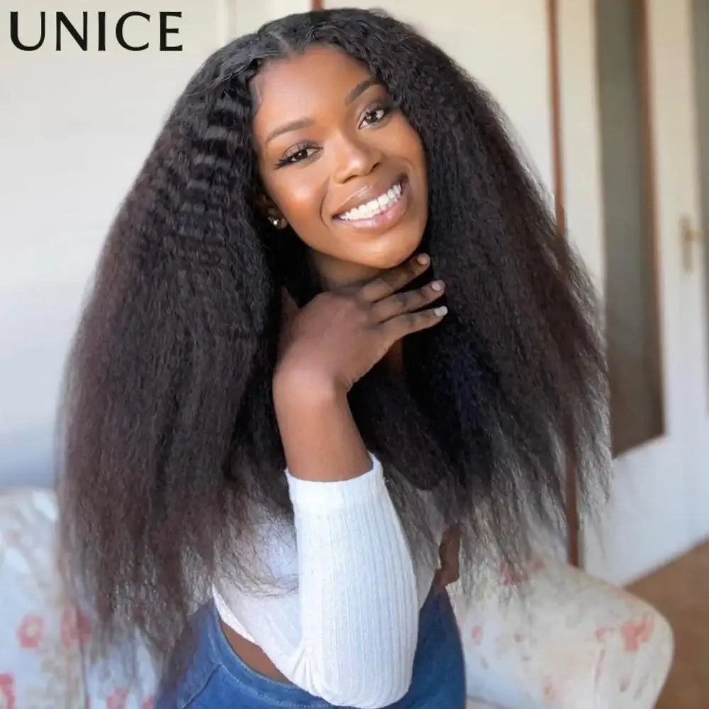 UNICE Hair Kinky Straight V Part Wig Human Hair With Drawstring EasiContour Minimal Leave Out VPart Human Hair Wigs 150% Density