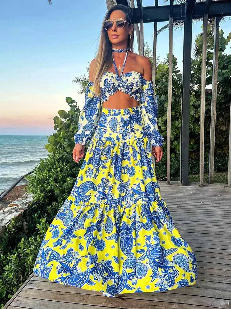 New Two Pieces Skirt Sets Suspenders Tube Top Skirts Sweet Printed Bra Bare Waist Chic Evening Party Clothing Beach Dance Robe