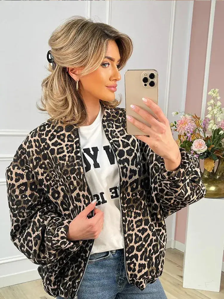 2024 Fashion Leopard Zipper Long Sleeved Women&