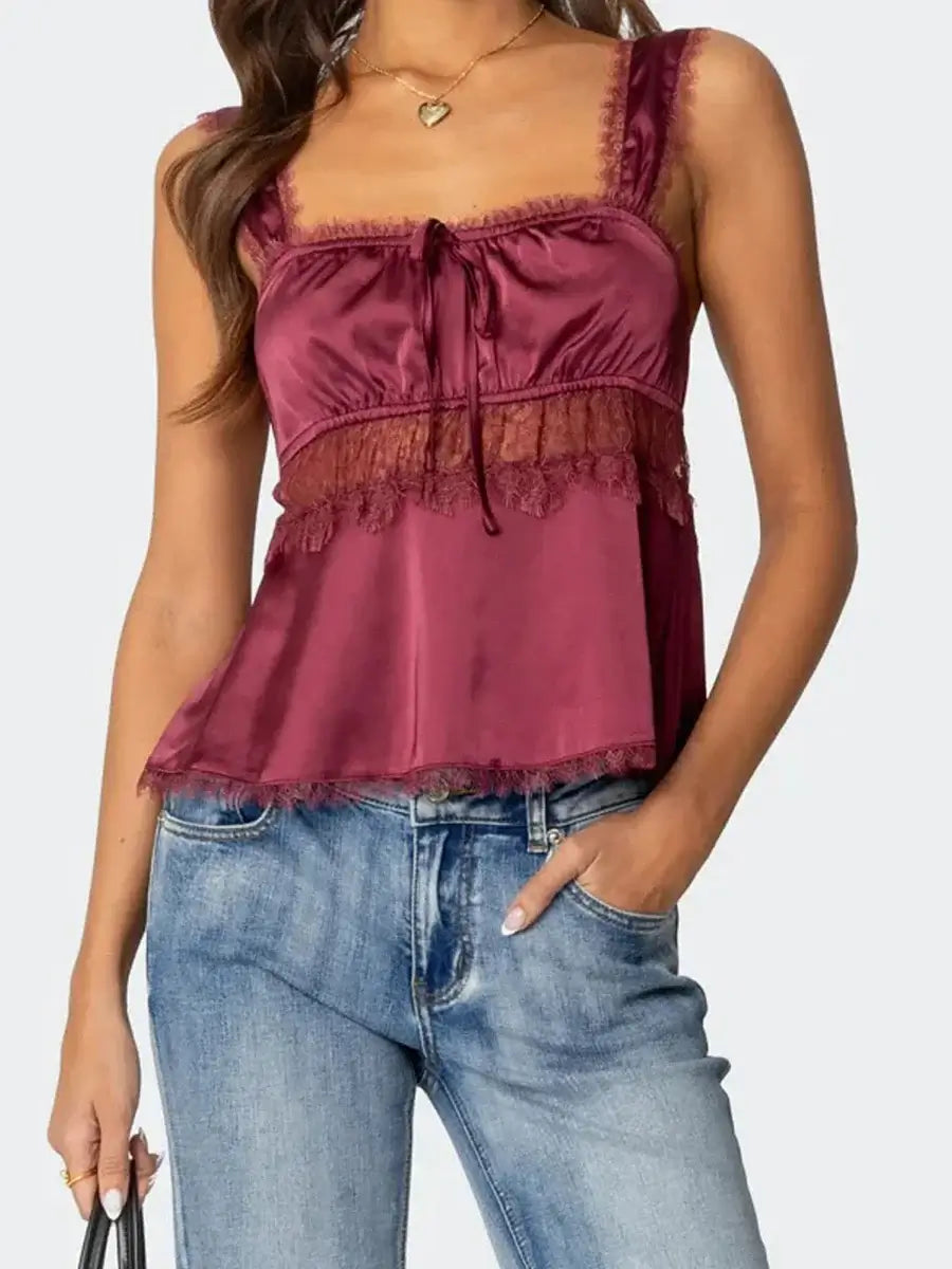 Women s Lace Trim Sleeveless Babydoll Tank Top with Square Neck and Backless Design Fit Crop Shirt for Summer Streetwear