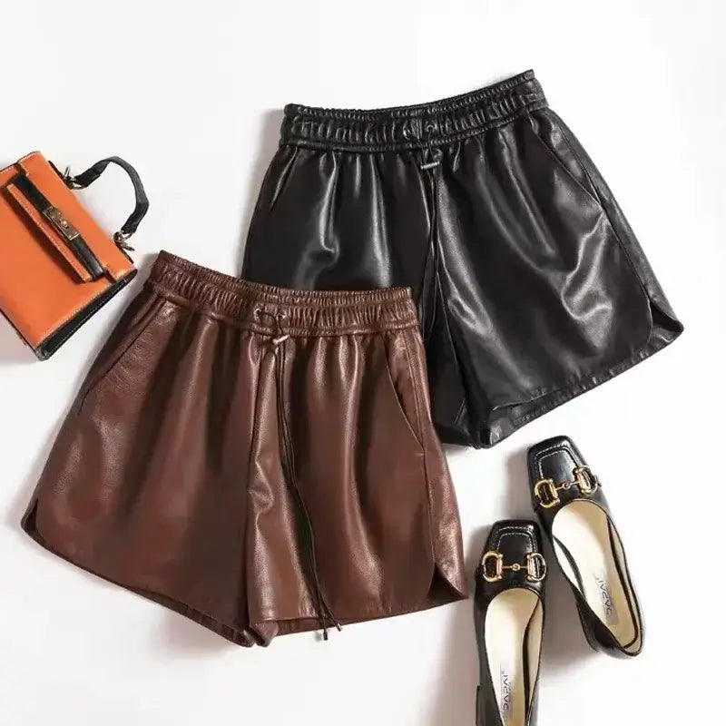 Goatskin Shorts for Women Italian Fashion Wide Leg Slim Drawstring Genuine Leather Pants Mujer Brown Pantalones Cortos Clothing