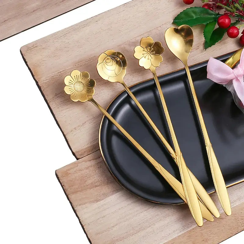 4 pcs Set Stainless Steel Small Flower Spoons Teaspoons Coffee Spoons Ice Cream Dessert Spoons Household Kitchen Utensils