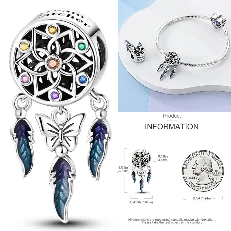 Hot Dream Catcher Feather 925 Sterling Silver Purple Colorful Moon Dreamy Blue Charm Original Fits Women DIY Jewelry Girl Charms