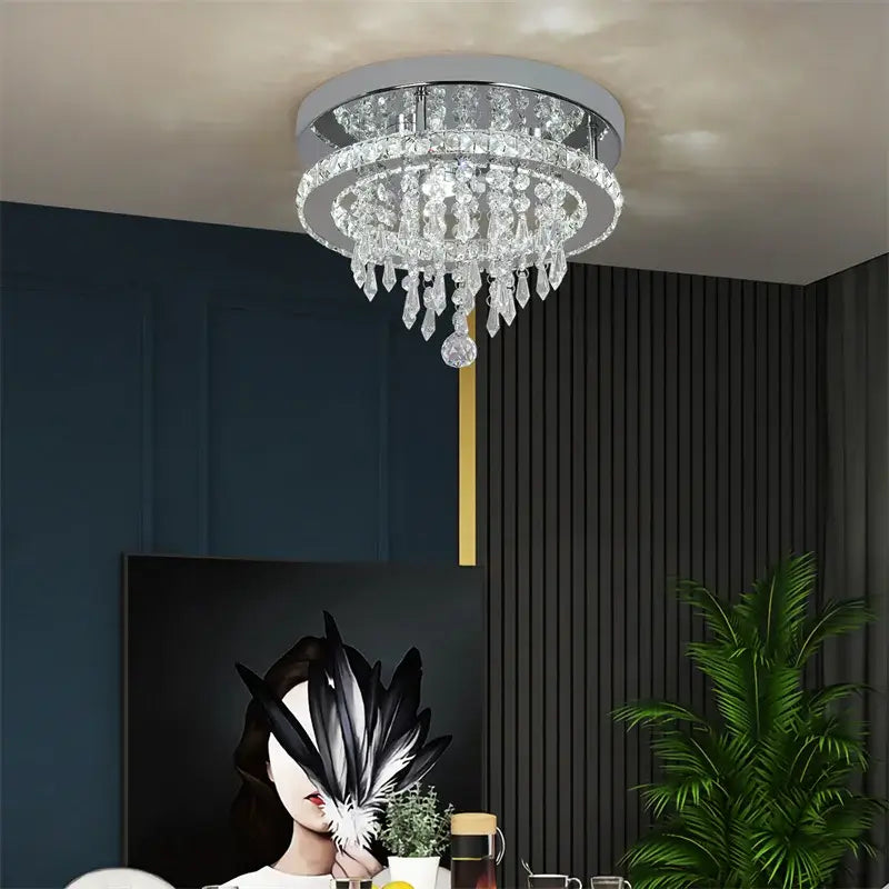 Round Crystal Raindrop LED Flush-Mount Chandelier
