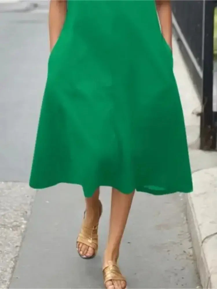 Women Summer Casual Dress 2025 New Trendy Round-neck Green Black Simple Short Sleeves A-line Mini Dresses for Woman