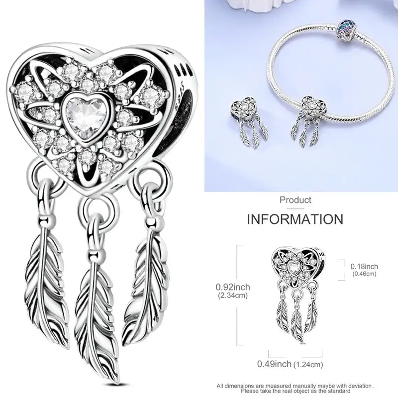Hot Dream Catcher Feather 925 Sterling Silver Purple Colorful Moon Dreamy Blue Charm Original Fits Women DIY Jewelry Girl Charms