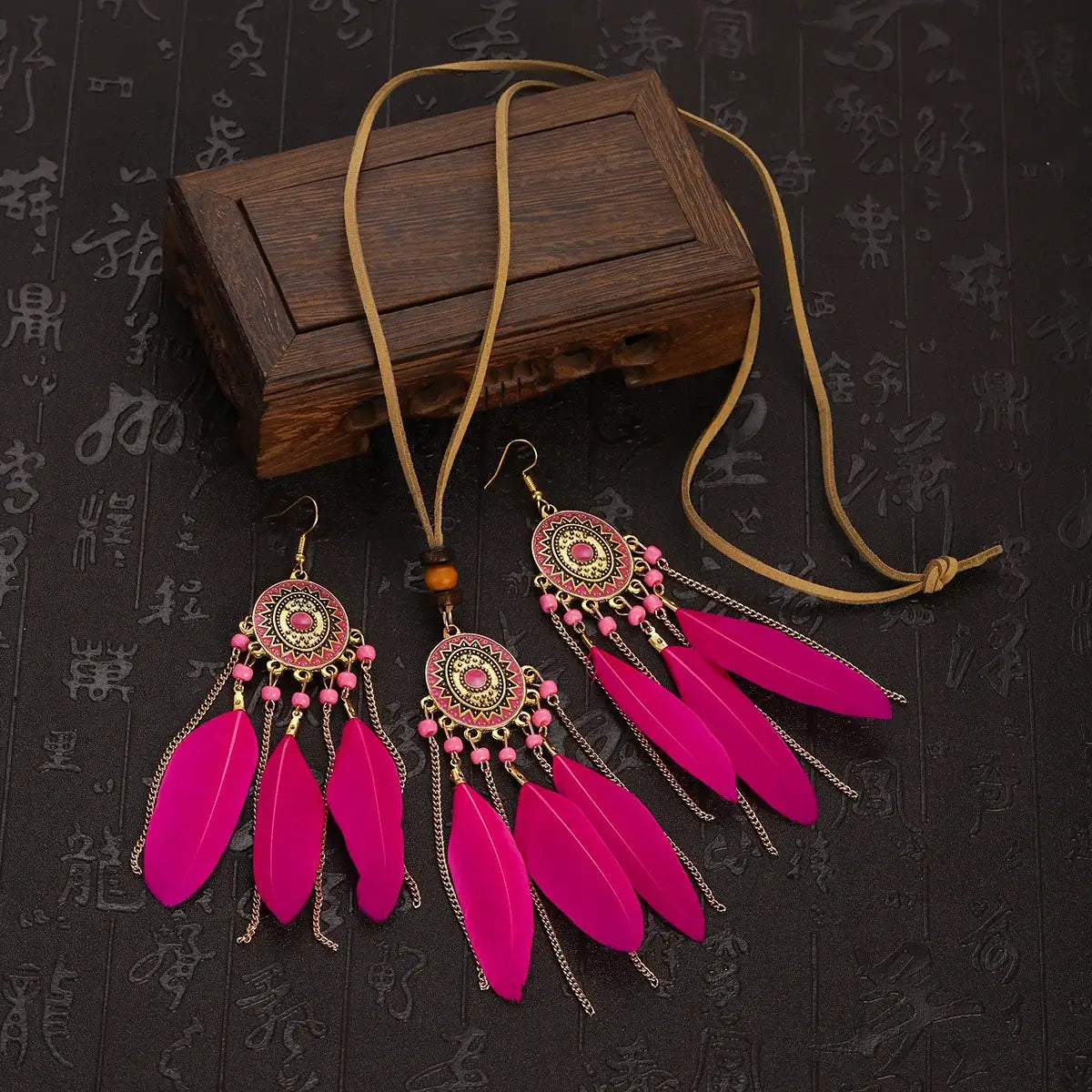 2pcs Feather Necklace Earring Set Women&