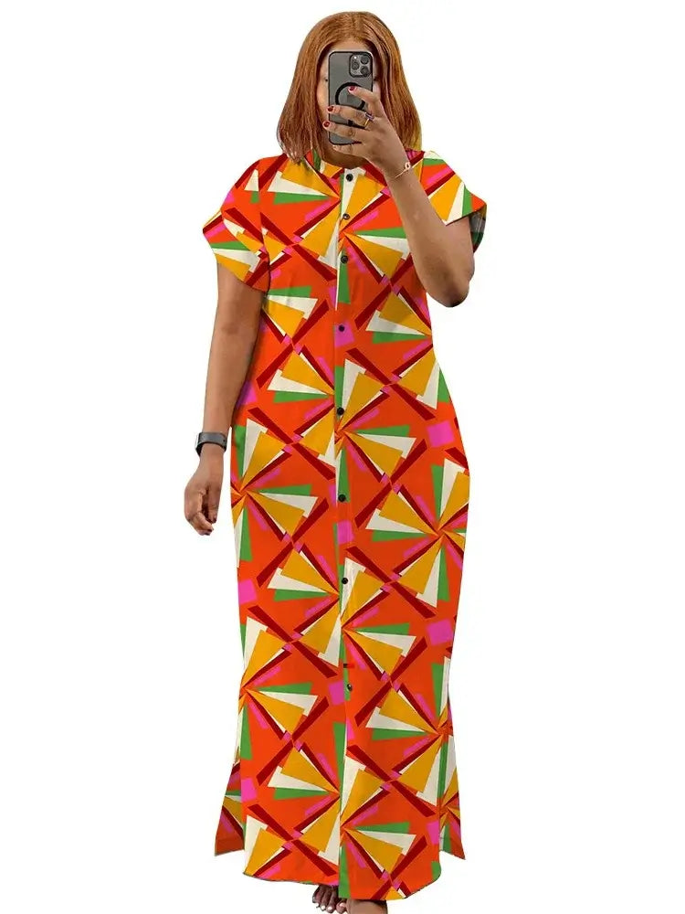 Wmstar Plus-Size Printed Collared Maxi Dress