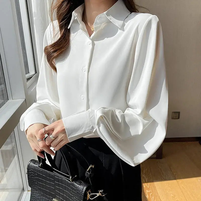 Office Lady Long Sleeve Turn Down Collar Women Shirt White Black