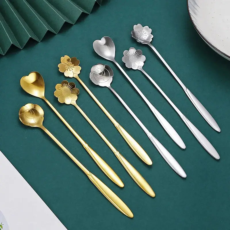 4 pcs Set Stainless Steel Small Flower Spoons Teaspoons Coffee Spoons Ice Cream Dessert Spoons Household Kitchen Utensils