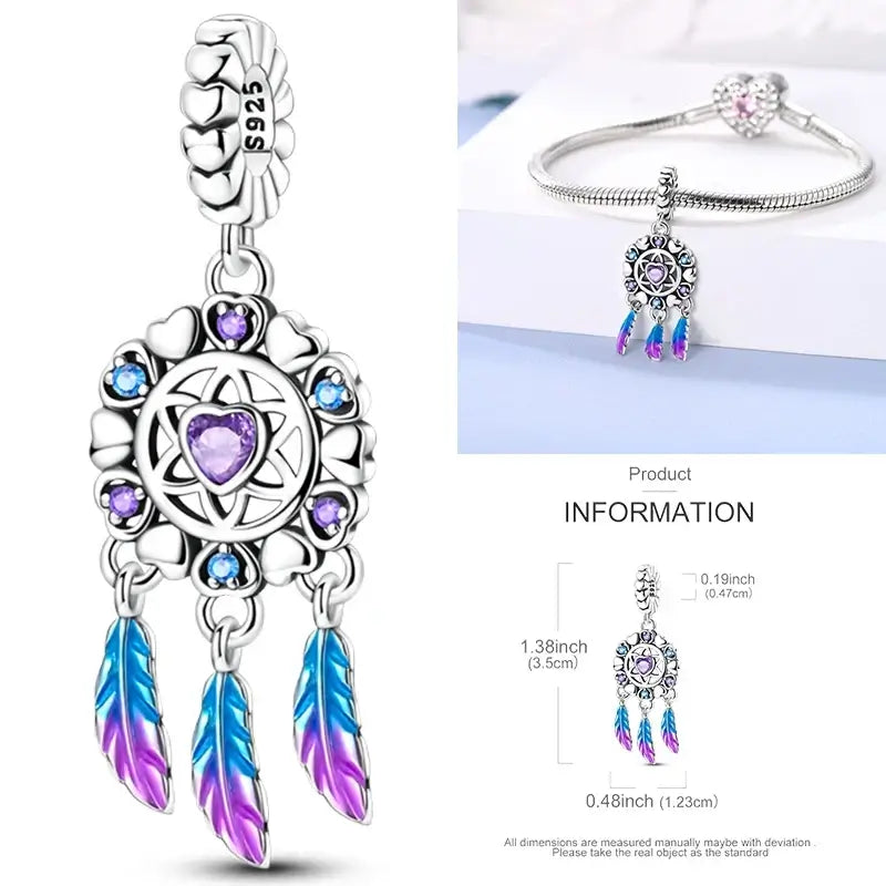 Hot Dream Catcher Feather 925 Sterling Silver Purple Colorful Moon Dreamy Blue Charm Original Fits Women DIY Jewelry Girl Charms