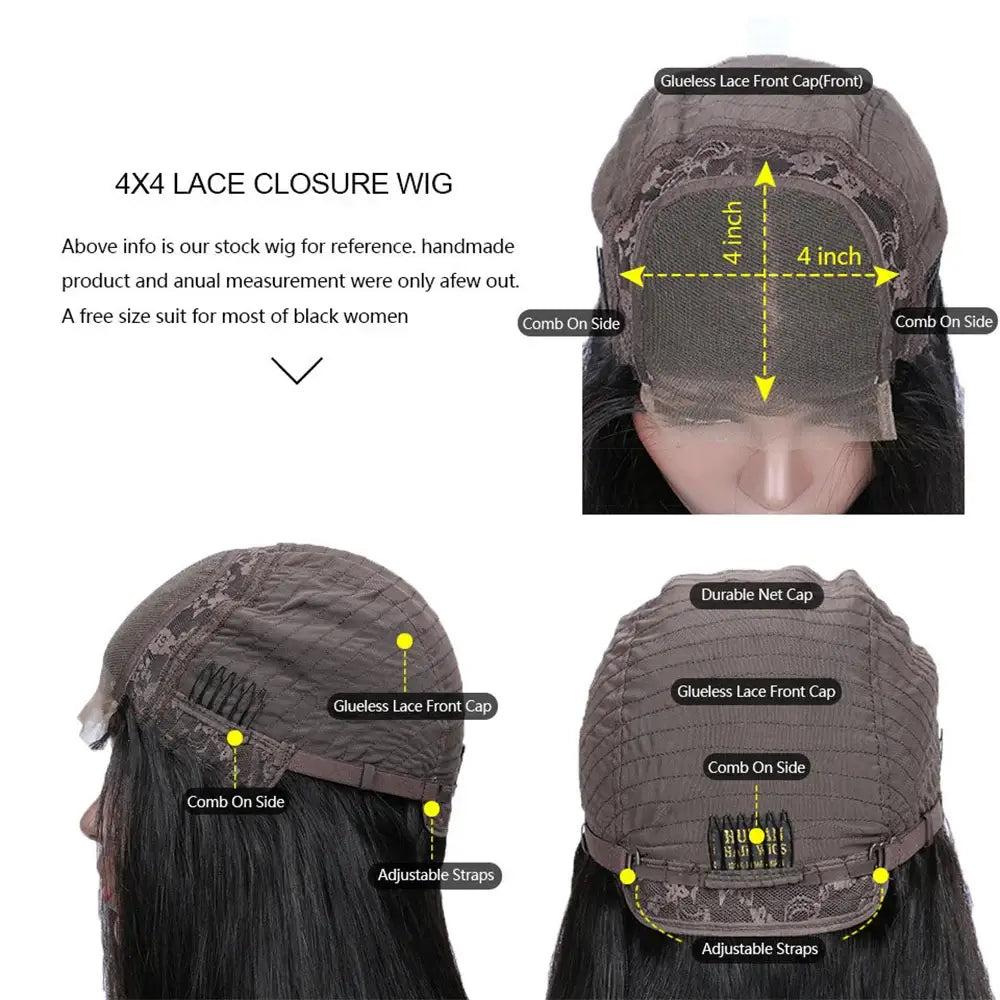 4x4 Transparent Lace Closure Straight Hair Short Bob Wig Remy Brazilian 100% Human Hair