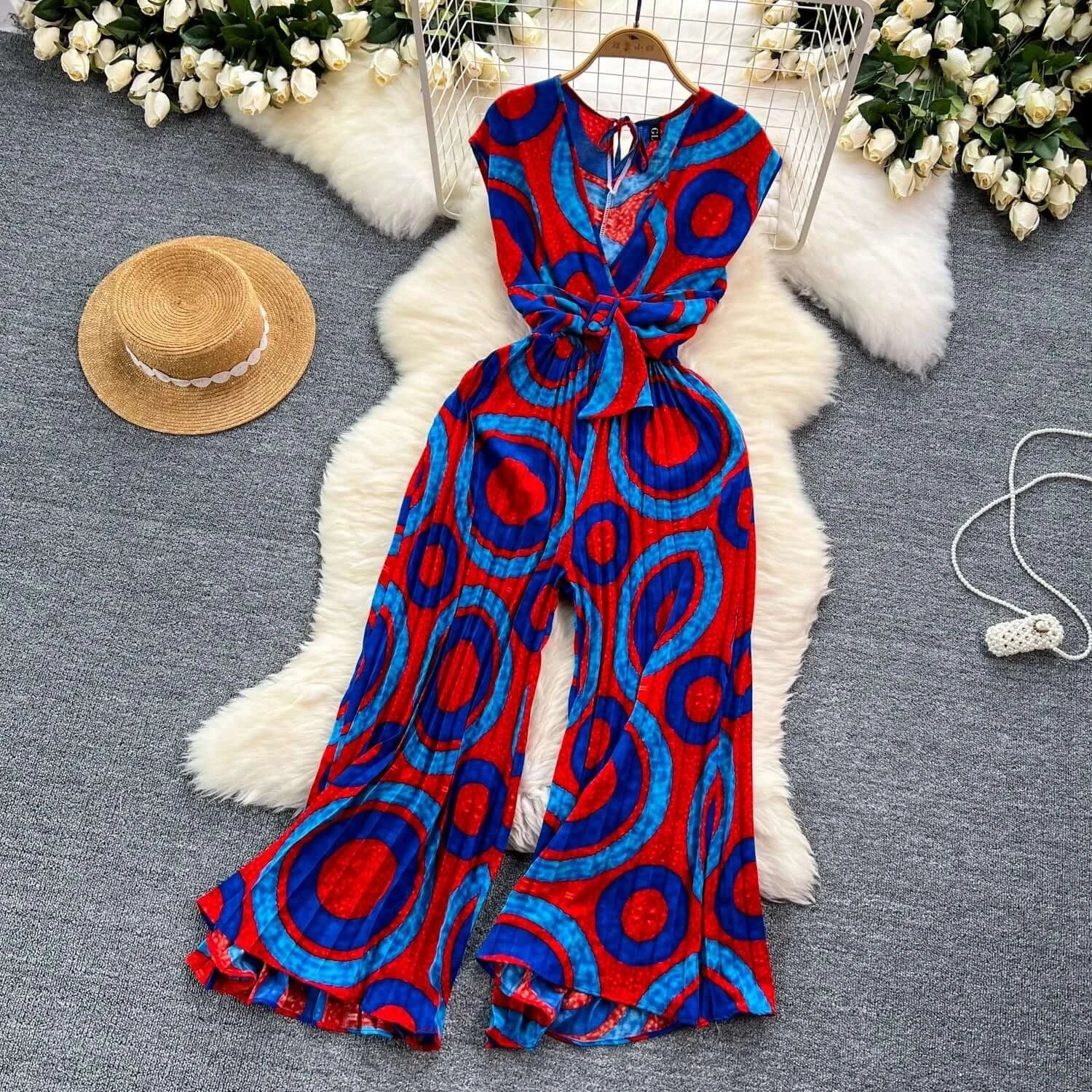 Chic Summer Jumpsuit - Abstract Print Wide Leg Romper