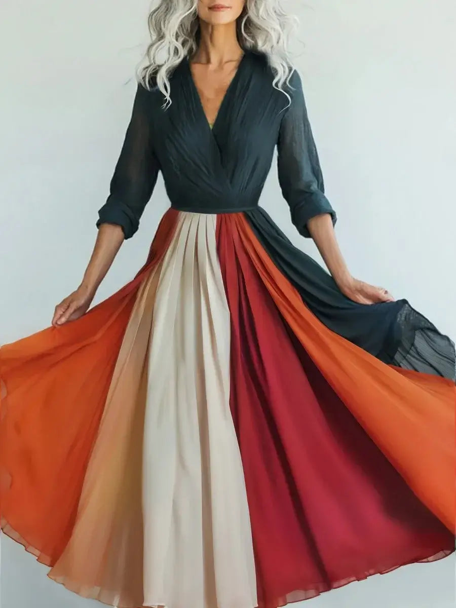 New Bohemian Style Long Sleeve Mesh Dress Vacation Vibes Full Skirt Chiffon Dress V-neck Ankle-length Regular Waistline